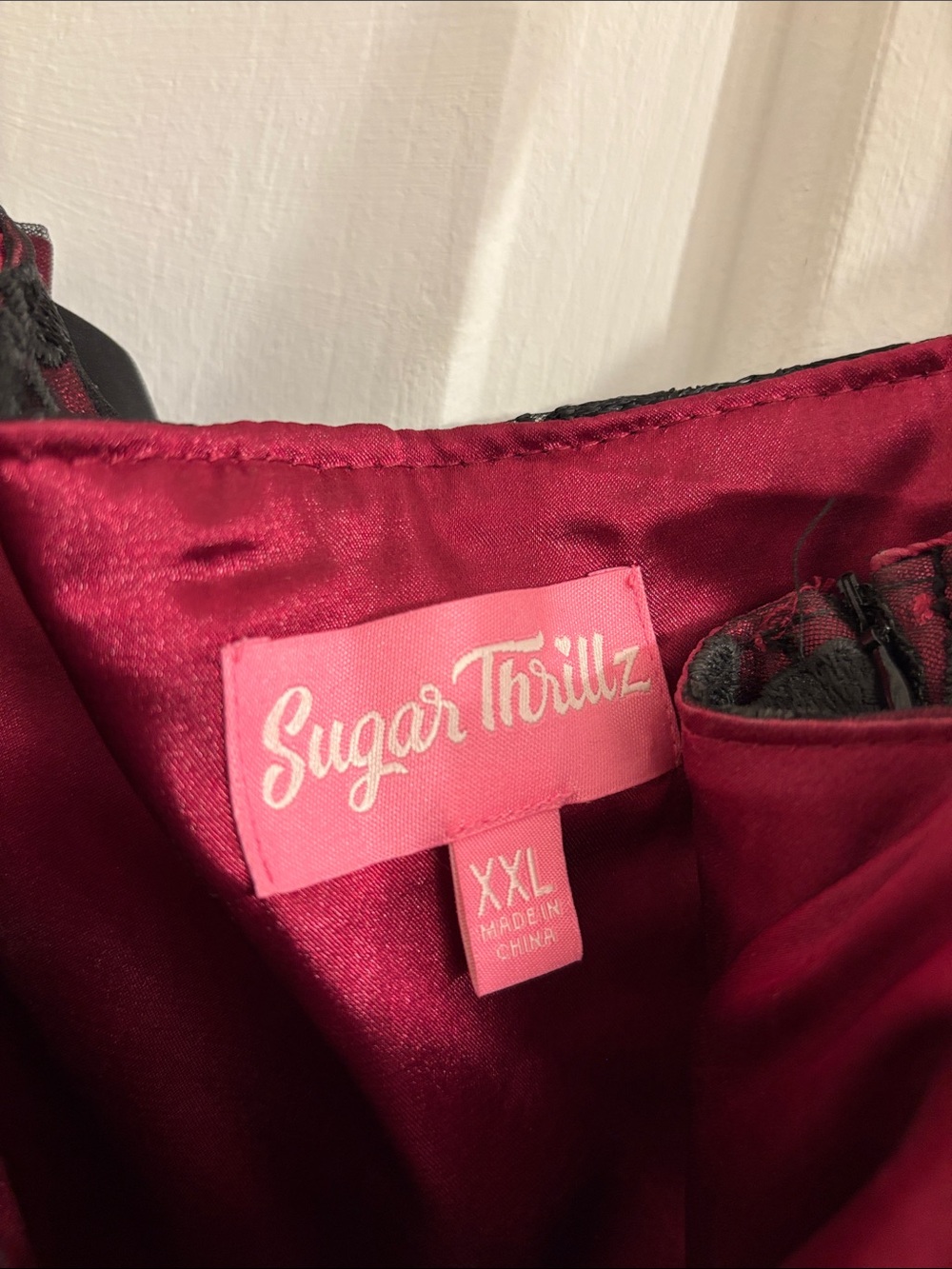 Sugar Thrillz Burgundy and Black Floral Appliqué Mini Dress - Picture 6 of 10